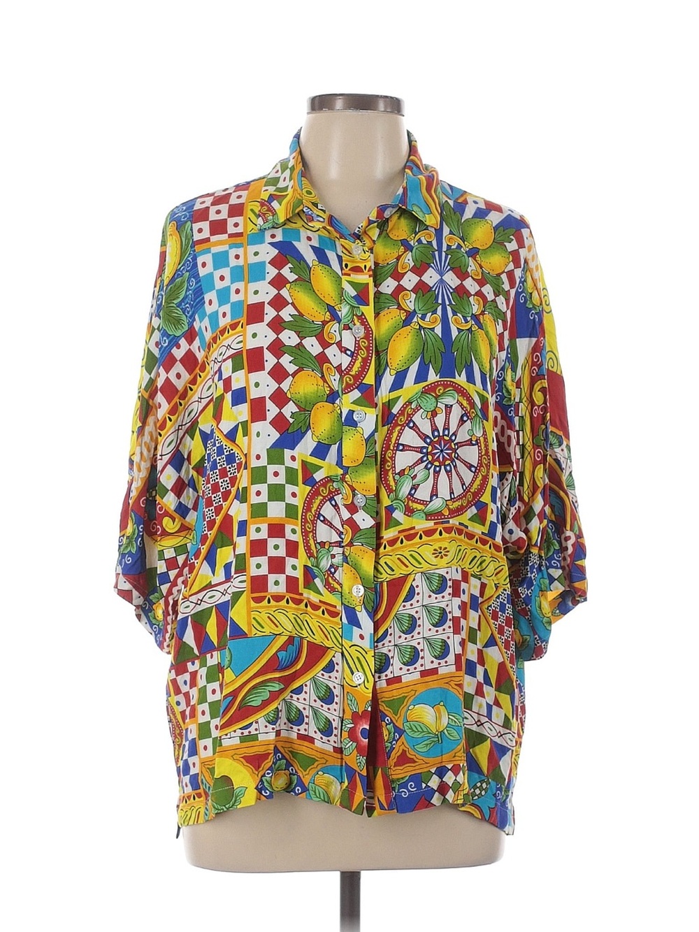 Seven Wonders Sicily Lemon Print Button Front Shirt Size L